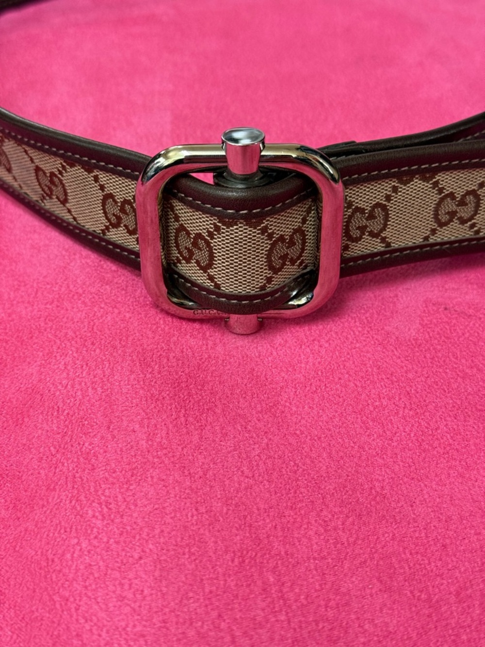 Gucci Brown and Beige GG Canvas Leather Belt with Silver Buckle